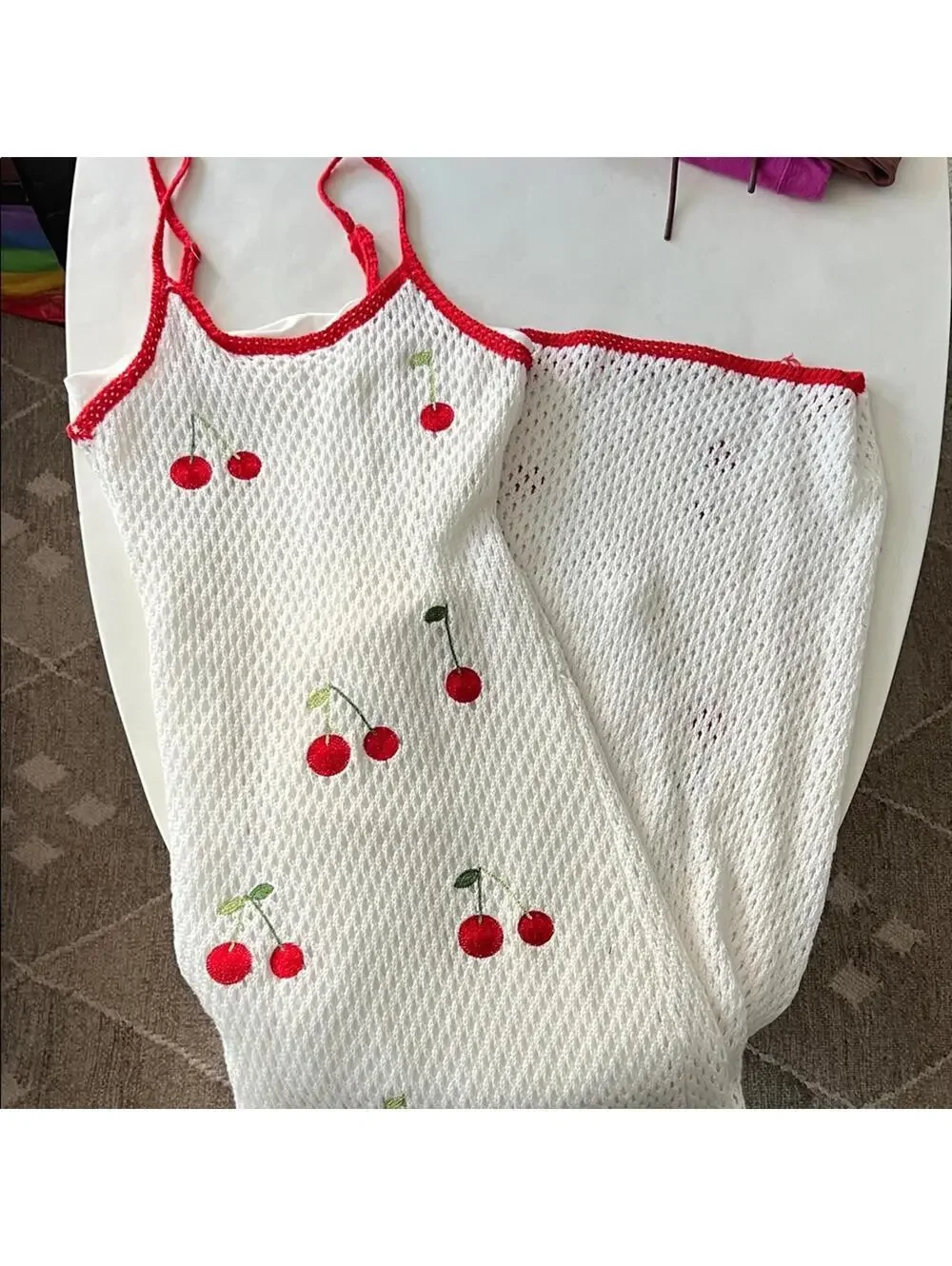 Sweet Girl Cherry Crochet Fruit Print Knit Maxi Dress White Red Size Large